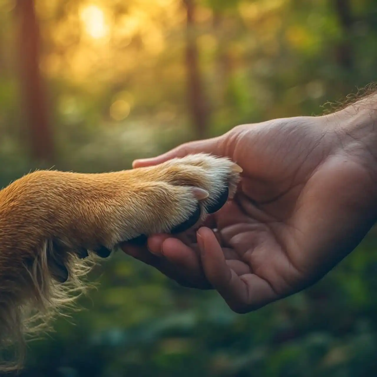 Person gently holding a dog's paw outdoors at sunset